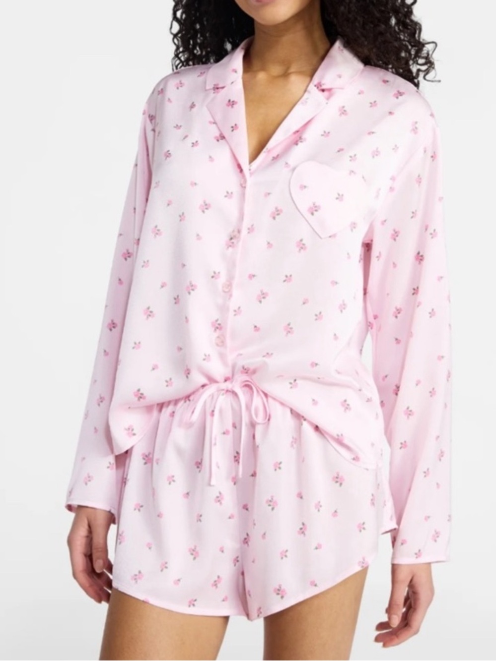 No Boundaries Light Pink Floral Satin Two-Piece Pajama Set